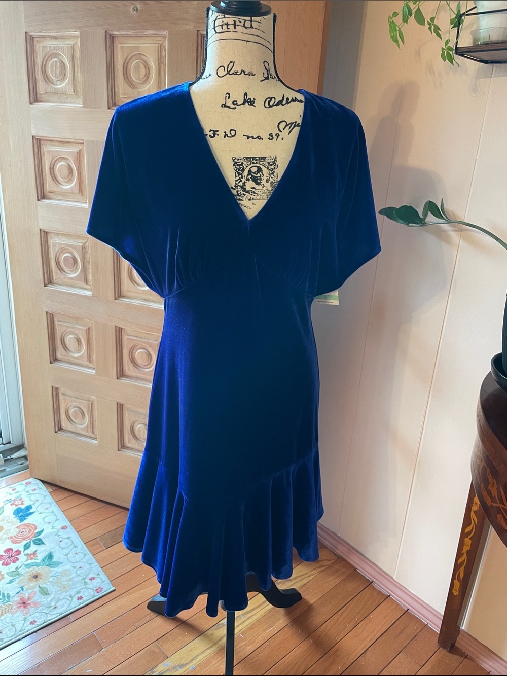 Taylor Royal Blue Velvet Midi Dress with V-Neck